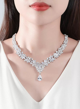 奢华锆石高级感韩式新娘婚礼花朵项链女V领一字肩宴会礼服配饰