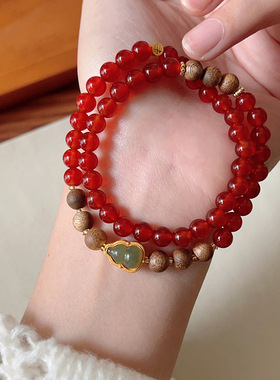 秋冬红玛瑙手串本命年双层手链女