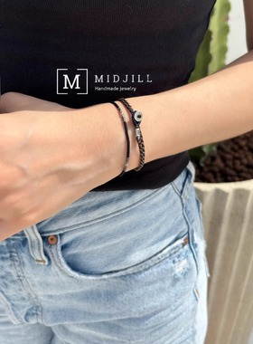 MIDJILL新品 小众低调质感磨砂黑复古做旧925银极细手链中性百搭