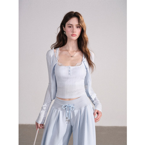 Mess Studio 辣妹设计感花边开衫交叉背心休闲阔腿卫裤套装女秋 - 图1