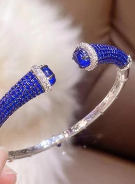 925银镀金  实验室合成蓝宝高碳钻 豪镶气质渐变满钻开口男女手镯