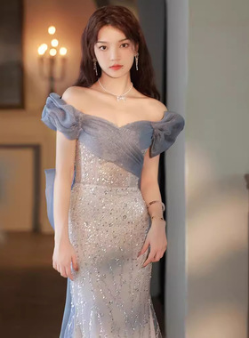 蓝色鱼尾晚礼服裙女2025新款风范轻奢小众跨境感法式敬酒新娘