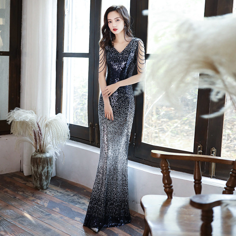 亮片晚礼服女2025新款性感气场女鱼尾修身长款主持人连衣裙显瘦,淘宝优惠券,粉丝福利购,淘宝优惠卷