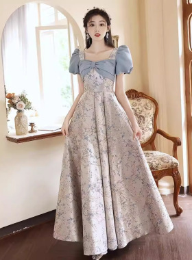 蓝色晚礼服女跨境感在逃公主风成人礼轻奢小众年会主持人宴会