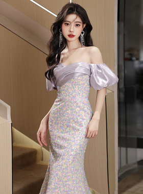一字肩晚礼服女2025新款春季轻奢小众高端名媛年会主持人宴会