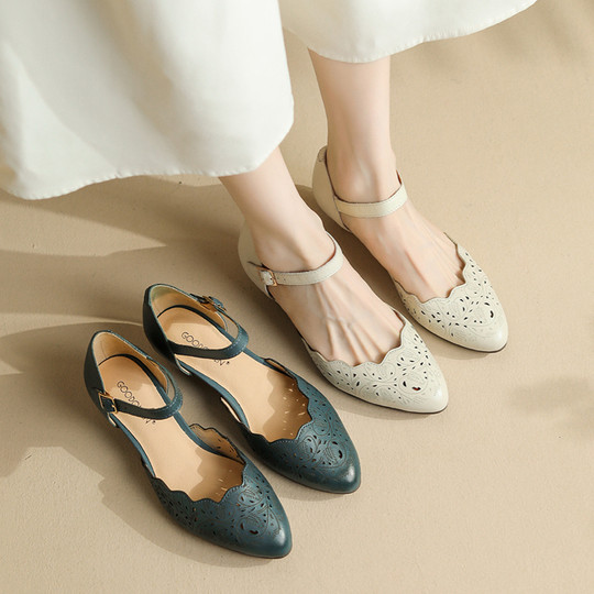 真皮旗袍鞋子凉鞋女舒适软底镂空复古玛丽珍单鞋夏季女鞋皮鞋歌迈