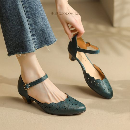 真皮旗袍鞋子凉鞋女舒适软底镂空复古玛丽珍单鞋夏季女鞋皮鞋歌迈