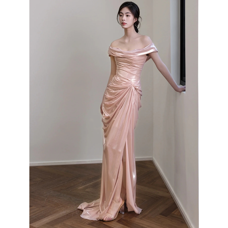 新娘一字肩高级感晚礼服生日宴会成人礼轻奢小众订婚结婚出门纱 - 图0