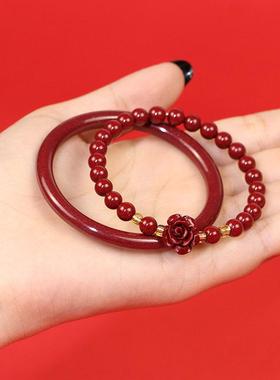 高含量天然原矿朱砂手镯帝王砂手串纳福细镯子女景区网红礼物