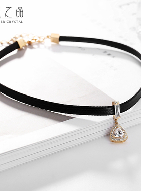 仲夏之晶黑色皮绳锁骨链女颈链