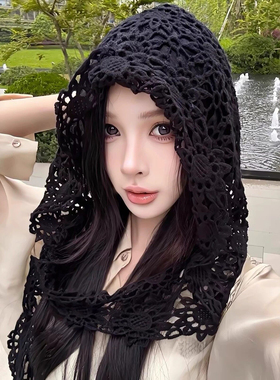 手工钩织镂空花朵披肩一体帽女款