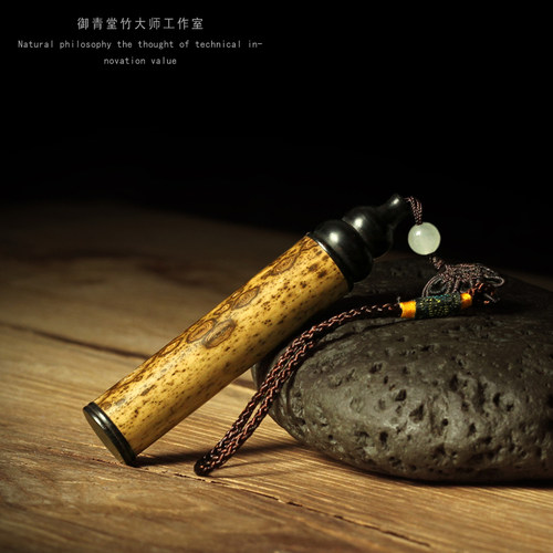 天然竹制纯手工雕刻香囊黑檀木镶嵌 牙签筒 香筒 香粉瓶 竹签筒 - 图0