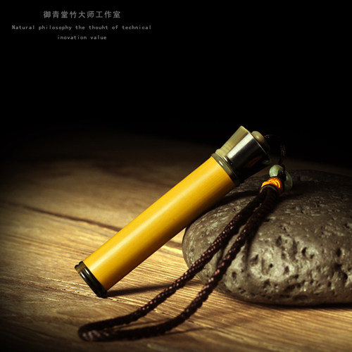 天然竹制纯手工雕刻香囊黑檀木镶嵌 牙签筒 香筒 香粉瓶 竹签筒 - 图1