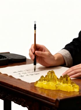 琉璃笔搁笔架镇纸茶宠摆件文房文艺礼品桌面文房金色假山鱼缸造景