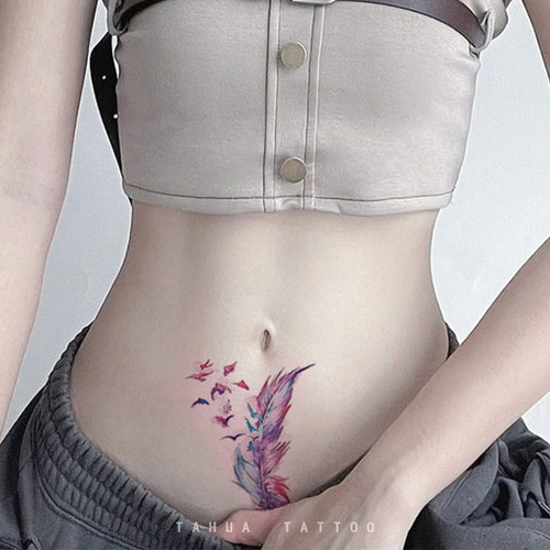 她画羽毛锁骨古风纹身贴女生性感图案遮疤痕防水女持久肚脐眼肚子 - 图1