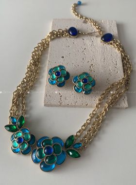 蓝绿色琉璃复古山茶花球项链耳钉套装