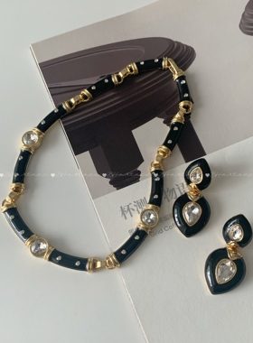 复古黑色珐琅水滴耳钉项链套装