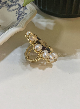 法国小众vintage水晶珍珠石榴石戒指复古做旧金夸张宝石戒指