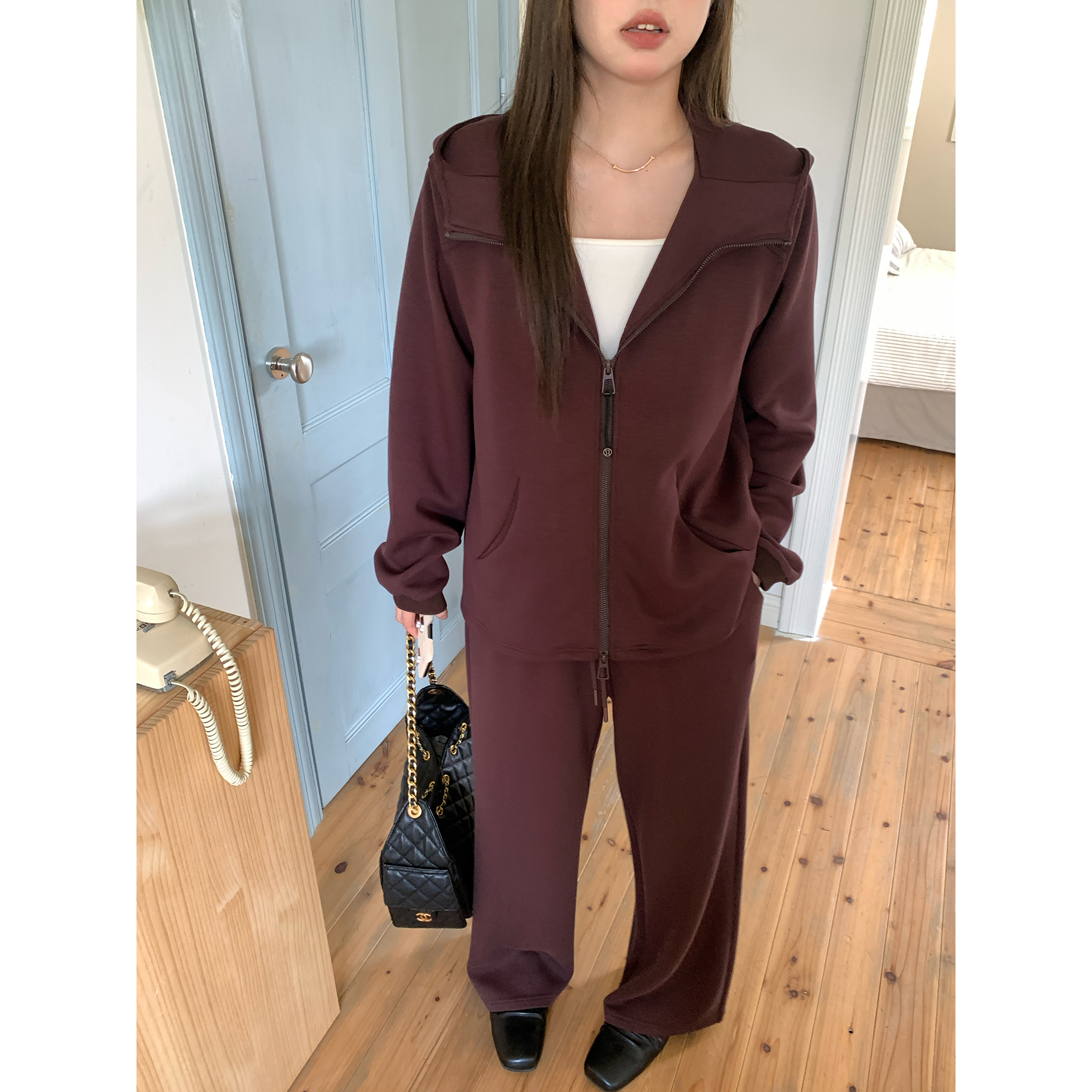 NAZ那子大码秋冬慵懒时尚显瘦连帽气质卫衣胖mm显瘦直筒长裤套装 - 图1