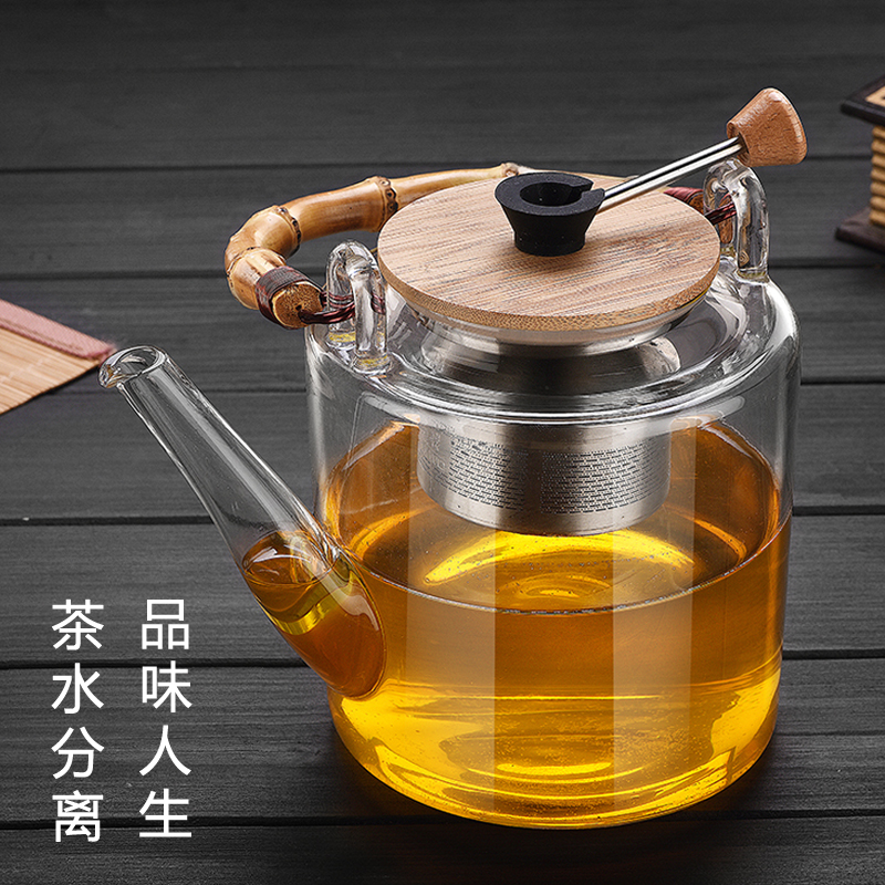 信泽茶具高硼硅耐热玻璃茶壶竹藤花茶壶泡茶器茶具玻璃套装 透明