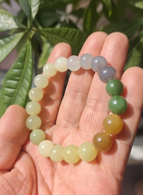 和田玉晴水碧玉多宝手串多色玉手链单圈糖玉湖水绿葡萄肉白玉证书