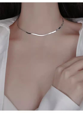 银色蛇骨链项链扁刀片链锁骨链男女素链可调节不掉色轻奢小众配饰