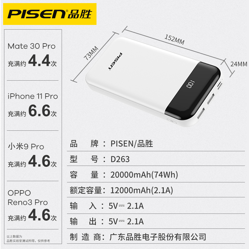 品胜数码旗舰店品胜充电宝20000毫安大容量超薄小巧便携迷你移动电源官网正品适用于苹果vivo华为oppo小米一加手机通用专冲3
