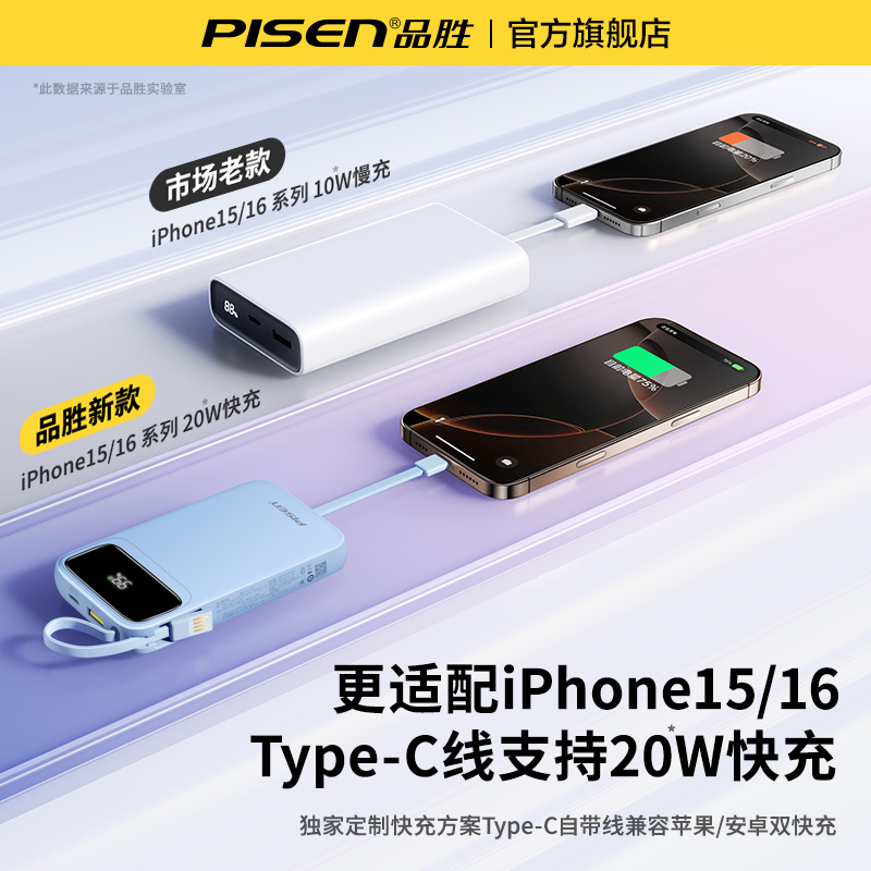 品胜充电宝自带线20000毫安2025新款快充大容量超薄小巧移动电源飞机可携带适用华为苹果专用官方正品旗舰店