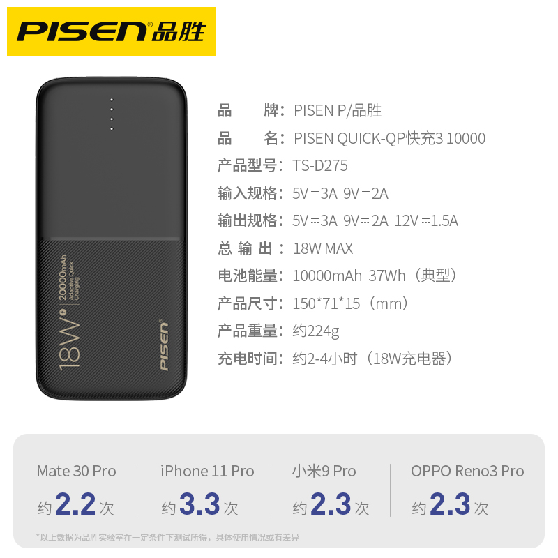 品胜数码旗舰店品胜10000毫安PD充电宝快充闪充QC专用18W迷你轻薄小巧便携大容量移动电源4适用于小米3苹果oppo华为vivo手机2