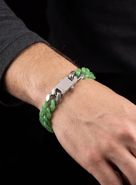 新疆和田玉碧玉古巴链精工精选上等潮流嘻哈个性手链潮流带证书