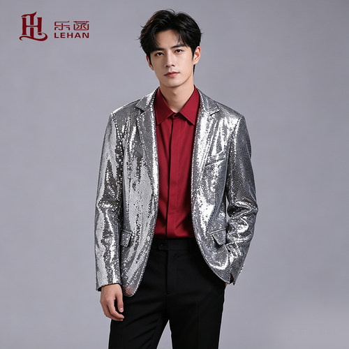 【清仓】明星同款银色亮片西装外套男团体舞台演出夜店歌手男礼服 - 图0
