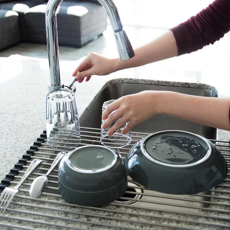 适用于任何水槽 304不锈钢可折叠收纳碗架沥水架硅胶沥水篮置物架 - 图1