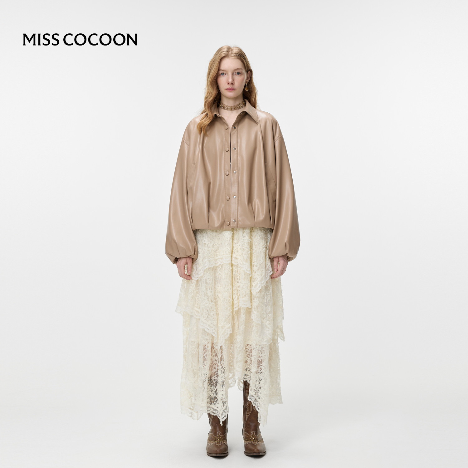 MISSCOCOON可可尼灯笼袖仿皮衣女2026春季新款宽松翻领黄色短外套,淘宝优惠券,粉丝福利购,淘宝优惠卷