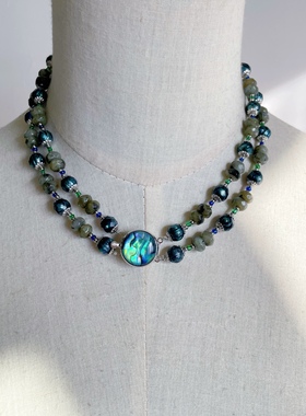 《新光》淡水黑色华珍珠天然闪光石刻面珠鲍鱼贝壳扣双层复古项链