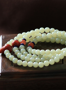 天然新疆和田玉黄口料佛珠项链