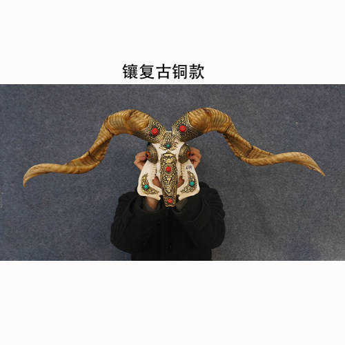藏式包铜羊头骨标本工艺品 镶铜牛头羊头家居装饰品挂件 - 图1