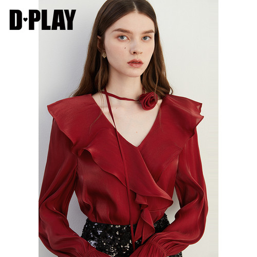 DPLAY红色衬衫女时尚气质法式雪纺衫春季新款独特上衣长袖衬衣 - 图1
