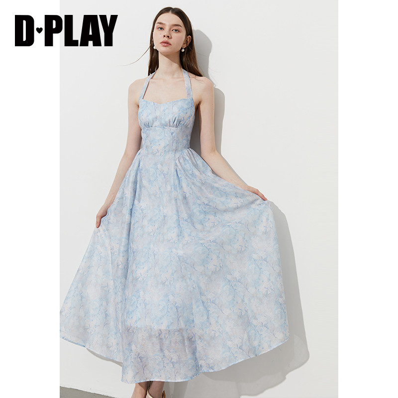 DPLAY【度假系列】2025年夏季新款蓝色挂脖连衣裙女雪纺裙子长裙,淘宝优惠券,粉丝福利购,淘宝优惠卷