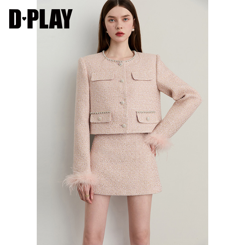 DPLAY【黑标】2025年冬季新款粉色小香风短外套女流行短款上衣,淘宝优惠券,粉丝福利购,淘宝优惠卷