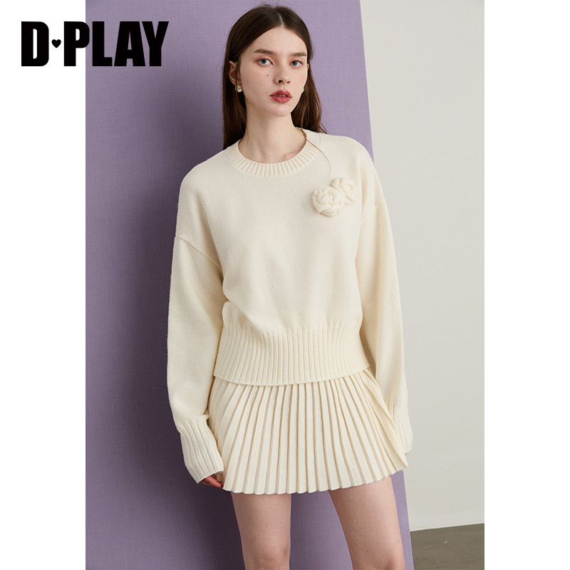 DPLAY2025年秋季新款白色套装女宽松气质针织圆领上衣半裙两件套,淘宝优惠券,粉丝福利购,淘宝优惠卷