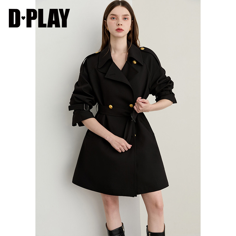 DPLAY2025年秋季新款黑色风衣外套女流行大气休闲宽松中长款大衣