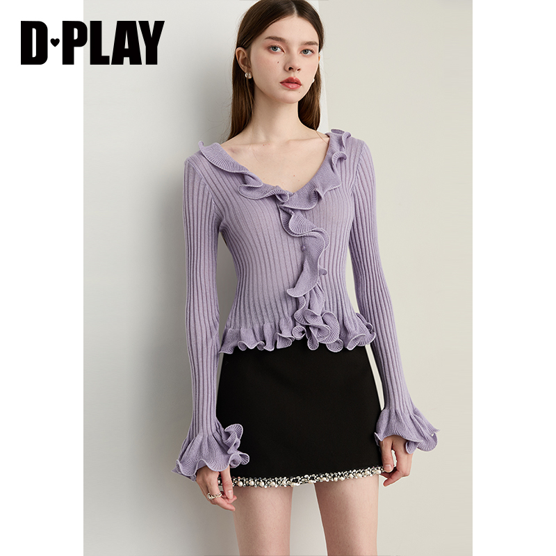 DPLAY2025年秋季新款紫色针织衫女荷叶边含羊毛气质开衫外套上衣 - 图0