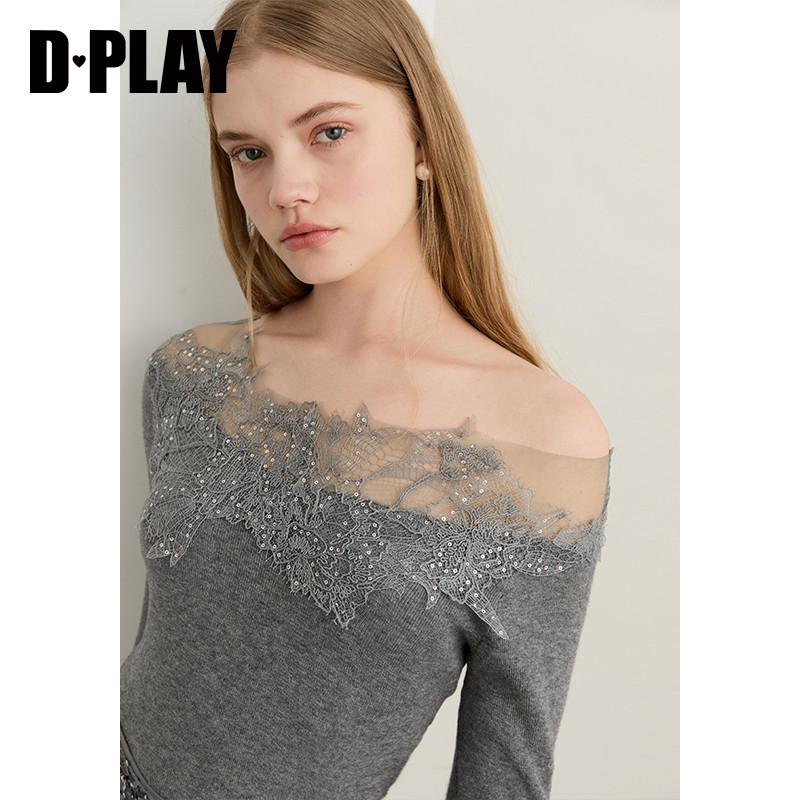 DPLAY含羊毛灰色针织衫女新款性感高级露肩一字肩拼接蕾丝上衣,淘宝优惠券,粉丝福利购,淘宝优惠卷