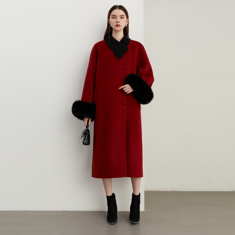 DPLAY2024冬季翻领红色大衣100羊毛呢外套狐狸毛呢子长袖大衣女 - 图3