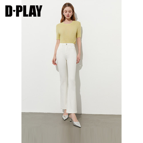 DPLAY秋季新款白色牛仔裤女含莱赛尔微喇裤喇叭裤长裤 - 图1