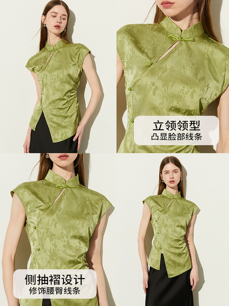 DPLAY2025年秋季新中式立领绿色短袖收腰不对称衬衫上衣小衫女 - 图2