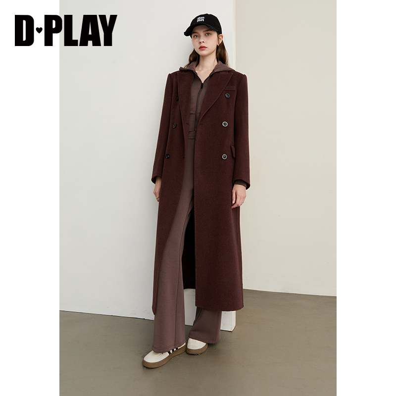 DPLAY【黑标】2025冬季新款棕色长款大衣女气质羊毛双面呢子外套 - 图0