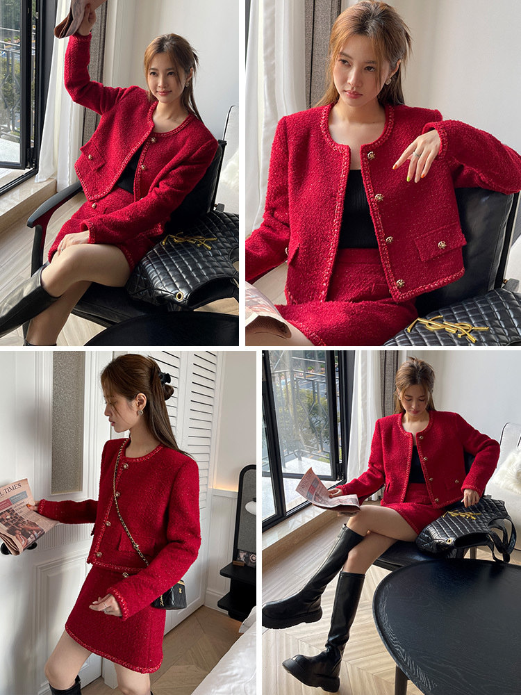 DPLAY年秋季气质法式名媛小香风含羊毛粗花呢套装红色外套女,淘宝优惠券,粉丝福利购,淘宝优惠卷