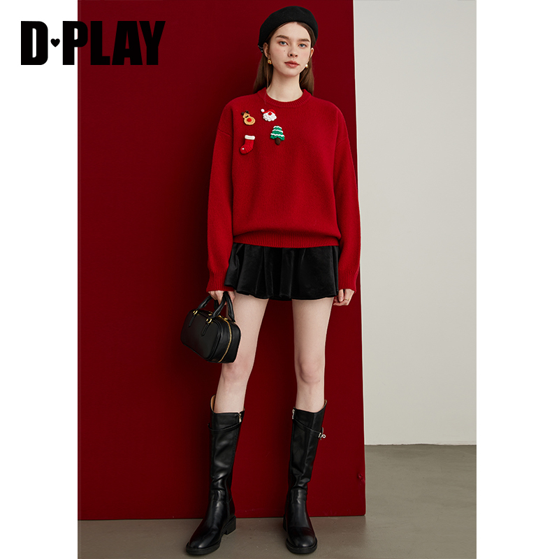 DPLAY年冬季新款红色毛衣女100羊毛新年本命年针织衫加厚上衣 - 图1