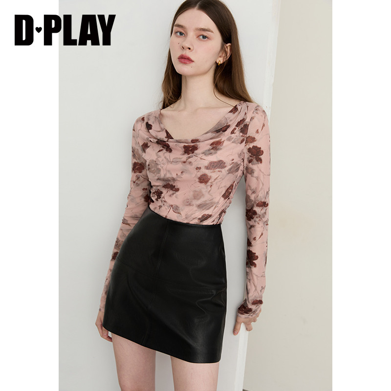 DPLAY2025年秋季新款粉色网纱上衣女气质弹力印花t恤修身长袖小衫,淘宝优惠券,粉丝福利购,淘宝优惠卷
